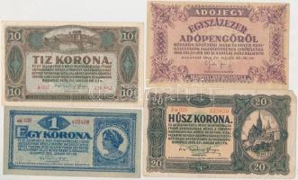 14db-os vegyes magyar bankjegy tétel, közte sor-és sorszám nélküli adópengők, 1920. 1K (2x) közeli sorszámmal T:vegyes
