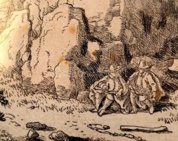 Allaert van Everdingen (1621-1675): Pihenő vándorok. Rézmetszet. Jelzett a dúcon. / Etched picture. ...