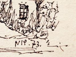 Nolipa István Pál (1907-1986): Széchenyi utca eleje, tusrajz, papír, jelzett, 9x22cm