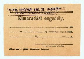 cca 1930-1945 M. Kir. Ungvári 555. számú Hadikórház Belgyógyászati Osztályának kitöltetlen kimaradási engedélye