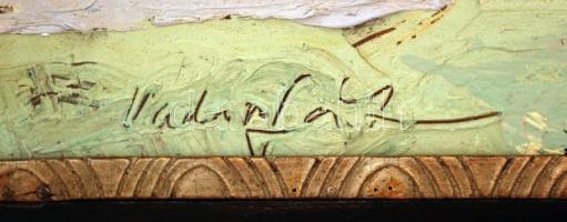 Olvashatatlan jelzéssel: Utca részlet. Olaj, farost, keretben, 60×50 cm