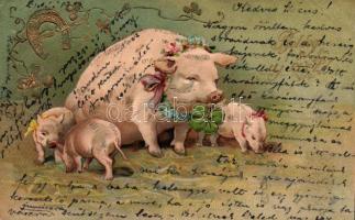 New Year, pigs, clover, golden Emb. litho (EK)