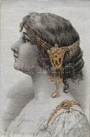 Silver card, lady, golden Emb. decoration, litho