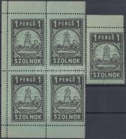 1930 Szolnok 1P bélyeg + négyestömb városi okmánybélyeg