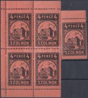 1930 Szolnok 4P bélyeg + négyestömb városi okmánybélyeg