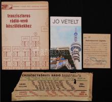 1958 Az Ezermester hibakereső táblázata tranzisztoros rádió-vevő készülékekhez, alkatrészek a Fővárosi Keravill Csomagküldő Szolgálattól, rádióműsorvevő engedély, "Jó vételt" - A Magyar Posta által kiadott tájékoztató