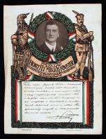 1919 Horthy Miklós kormányzó(1868-1957) Budapestre való bevonulása alkalmából kiadott emléklap, rajta Horthy nyomtatott aláírásával, készült Hornyánszky Jenő nyomdáájában, 32x24 cm