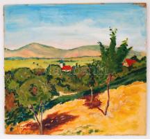 Jámbor jelzéssel: Dombos táj templommal, olaj, farost, 44×48 cm