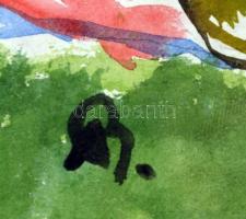 B jelzéssel: Napozás az erdei tó partján, kutyával, akvarell, papír, paszpartuban, üvegezett fa kere...