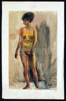 Pólya jelzéssel: Női akt, akvarell, papír, kartonra ragasztva, a karton szélein gyűrődéssel,  40×25 cm