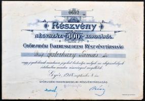Győr 1918. "Győrvidéki Fakereskedelmi Részvénytársaság" részvénye 400K-ról szelvényekkel T:III