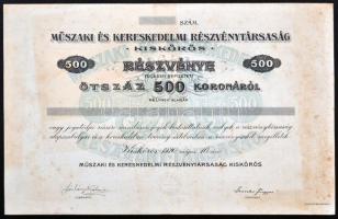 Kiskőrös 1920. "Műszaki és Kereskedelmi Részvénytársaság" kitöltetlen részvénye 500K-ról szelvényekkel T:II-