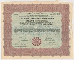 Budapest 1925. "Magyar Királyság 5%-kal kamatozó Járadékkölcsön Államadóssági Kötvény" 125.000K-ról szelvényekkel T:III