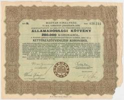 Budapest 1925. "Magyar Királyság 5%-kal kamatozó Járadékkölcsön Államadóssági Kötvény" 250.000K-ról szelvényekkel T:III,III-