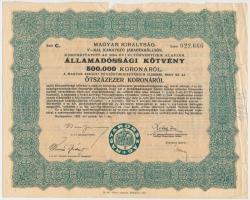 Budapest 1925. "Magyar Királyság 5%-kal kamatozó Járadékkölcsön Államadóssági Kötvény" 500.000K-ról szelvényekkel T:III