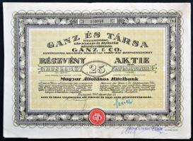 Budapest 1940. "Ganz és Társa Villamossági, Gép-, Waggon- és Hajógyár Részvénytársaság" részvénye 25P-ről német és magyar nyelven szelvényekkel, felülbélyegzésekkel T:III