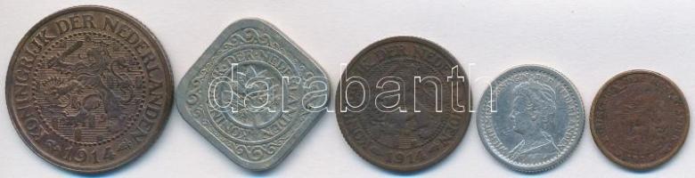 Hollandia 1912. 1/2c Br + 1914. 1c Br + 2 1/2c Br + 5c Ni + 1915. 10c Ag T:vegyes
Netherlands 1912. ...