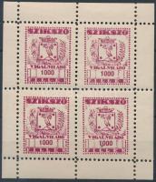 1948 Szikszó városi vigalmi adó bélyeg 1000f borvörös négyes kisív vízjelrészlet az ívszélén (24.000++)