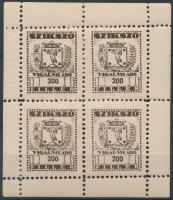 1948 Szikszó városi vigalmi adó bélyeg 200f sötétbarna négyes kisív vízjelrészlet az ívszélén (24.000++)