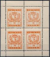 1948 Szikszó városi vigalmi adó bélyeg 10f narancs négyes kisív 1 bélyegben vízjelrészlet (35.000)
