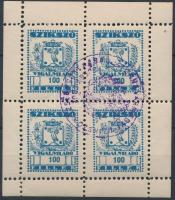 1948 Szikszó városi vigalmi adó bélyegek 100f kék négyes kisív felülbélyegzéssel (20.000)