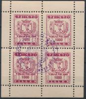 1948 Szikszó városi vigalmi adó bélyegek 1000f borvörös négyes kisív felülbélyegezve (24.000)