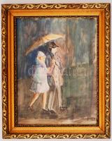 Pólya jelzéssel: Séta az esőben, akvarell, papír, díszes, üvegezett fa keretben, 31,5×23,5 cm