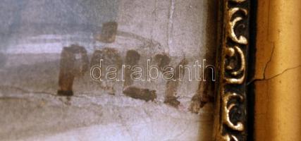 Pólya jelzéssel: Séta az esőben, akvarell, papír, díszes, üvegezett fa keretben, 31,5×23,5 cm