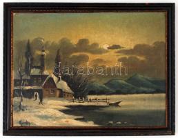 Kováts jelzéssel: Találkozó a teliholdas téli tóparton, olaj, vászon, fa keretben, 26×35 cm