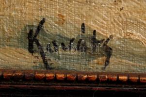 Kováts jelzéssel: Találkozó a teliholdas téli tóparton, olaj, vászon, fa keretben, 26×35 cm