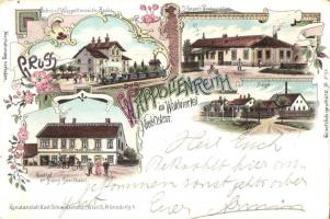 1898 Wappoltenreith im Waldviertel, Bahnhof Wappoltenreith-Raabs, Geyer's restauration, Säge, Gasthof zur Franz Josefbahn / railway station, restaurant, Art Nouveau, floral, litho