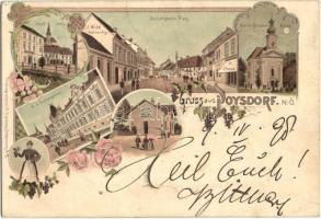 1898 Poysdorf, square, railway station, church, Art Nouveau, floral, litho (EK)
