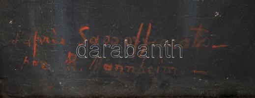 R. Mannheim jelzéssel: Női portré glóriával. Olaj, vászon, üvegezett keretben, 51×34 cm