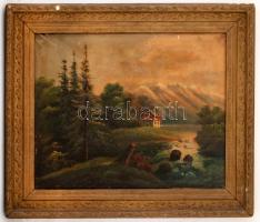 Molnár jelzéssel: Alpesi táj. Olaj, vászon, szakadással, antik sérült keretben 49×66 cm