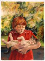 Kliz jelzéssel: Lány cicával. Olaj, karton, 68×48 cm