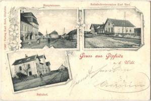 Göpfritz an der Wild, Hauptstrasse, Bahnhofrestauration Karl Exel, Bahnhof, Verlag Karl Exel / main street, railway station restaurant, floral