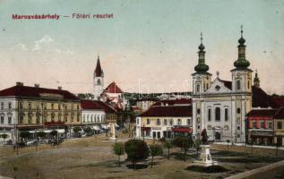 Marosvásárhely, Fő tér, templom, Takarékpénztár, Lukács János üzlete / main square, church, bank, shops