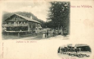 Wildalpen, Jagdhaus in der Abbrenn, Wild-Strecke / hunting lodge, hunters, hunted animals (fl)