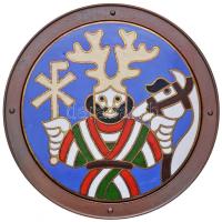 Papp László (1947-) 1988. "Első királyunk Szent István halálának 950. évfordulóján a Szent Jobb országjárásának évében / Szent István lóval és Krisztogrammal" patinázott és zománcozott vörösréz emlékérem sorszámozott tanúsítvánnyal (70mm) T:1-,2