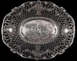 Ezüst (Ag.) áttört antik kosár puttós jelenettel, jelzett(pA), poncolt, jó állapotban, 25×20 cm, nettó:267 g / Antique silver basket with puttos