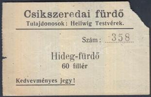 cca 1910 Belépőjegy a Csíkszeredai fürdőbe, tulajdonosok: Hellwig Testvérek, sarka hiányzik, 5x9cm