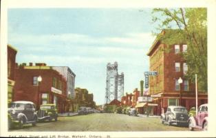 Welland, East Main Street and Lift Bridge, Hotel Reeta, automobile