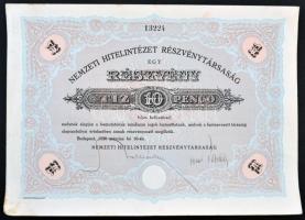 Budapest 1926. "Nemzeti Hitelintézet Részvénytársaság" részvénye 10P-ről, szárazpecséttel, szelvényekkel T:II hajtatlan