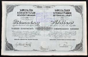 Budapest 1920. "Városlődi Kőedénygyár Részvénytársaság" 10db részvénye egyenként 1000K-ról, szelvényekkel, bélyegzéssel és szárazpecséttel T:II