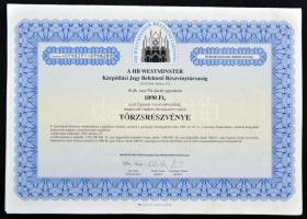 Göd 1994. "HB Westminster Kárpótlási Jegy Befektető Részvénytársaság" 10db törzsrészvénye egyenként 1000Ft-ról szelvényekkel T:I