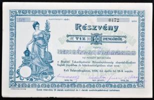 Balatonboglár 1926. "Boglári Takarékpénztár Részvénytársaság" részvénye 10P-ről, szárazpecséttel T:I