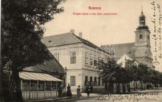 Somorja, Polgári iskola, Római katolikus templom; kiadja Goldstein József / school, Roman Catholic church