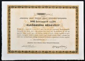 Jászladány 1911. "Jászsági Helyi Érdekű Vasút Részvénytársaság" 200K-ról szóló elsőbbségi részvény T:I