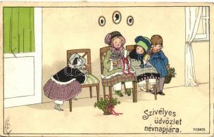 Névnapi üdvözlet / Name day, children, M.M. No. 1394. litho s: Pauli Ebner (fa)