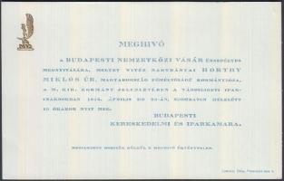 1928 Bp., Meghívó a Budapesti Nemzetközi Vásár ünnepélyes megnyitására, melyet Horthy Miklós jelenlétében a városligeti Iparcsarnokban nyitottak meg